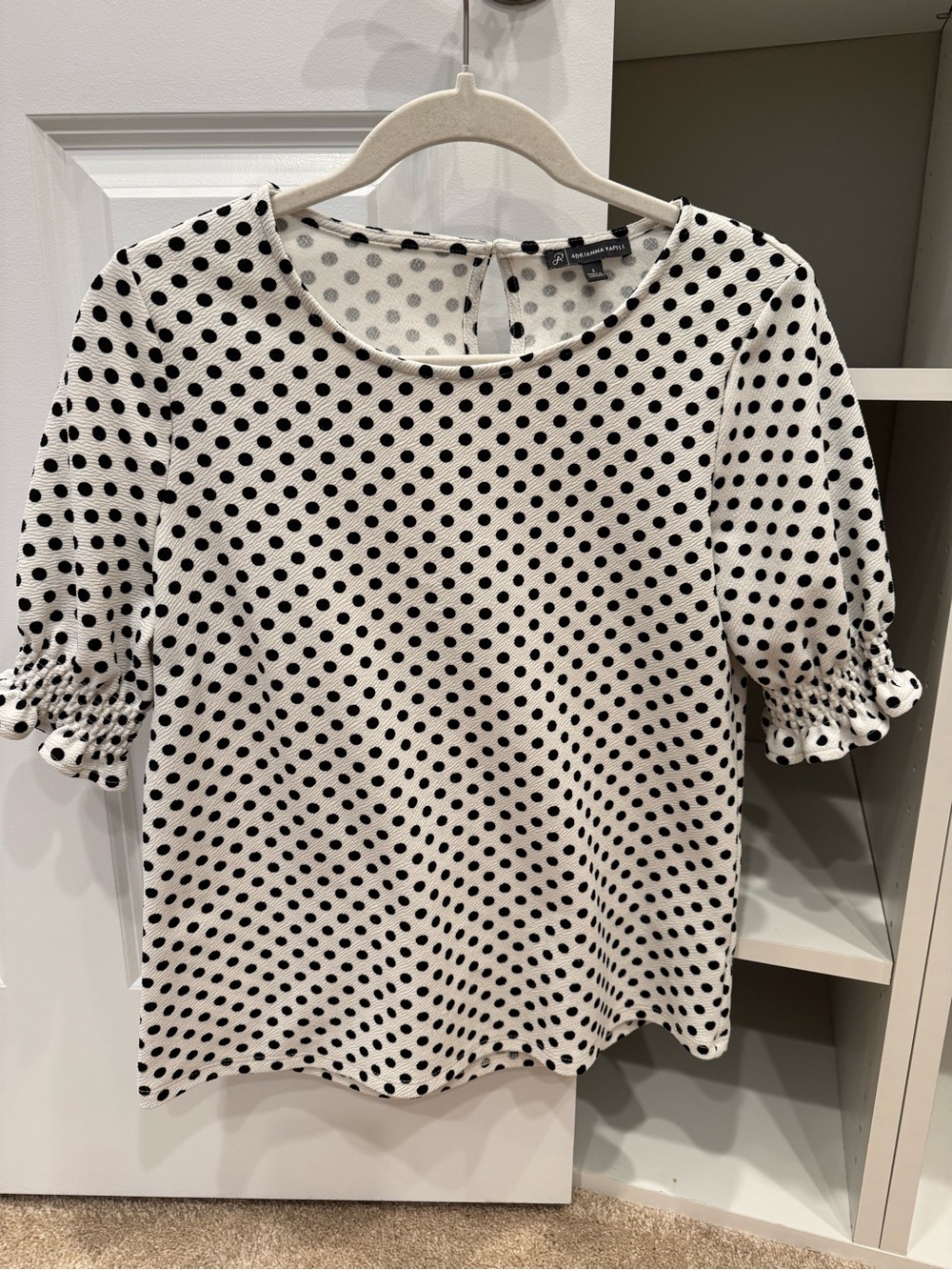 Adrianna Papell White Polka Dot Smocking Puff Sleeve Top, Size Small